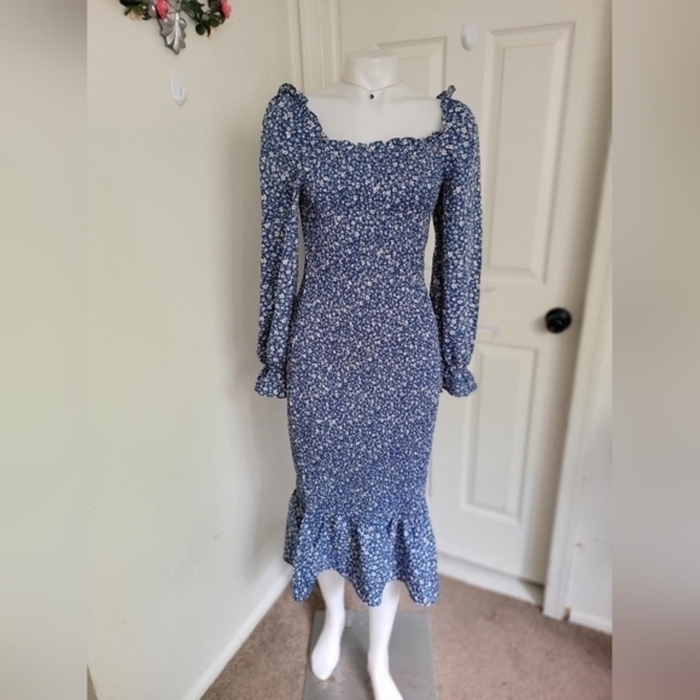 Elegant Blue Floral Women's Dress